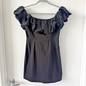 Urban Revivo Black Mini Dress Womens US 8 Ruched Ruffle Off Shoulder linen blend